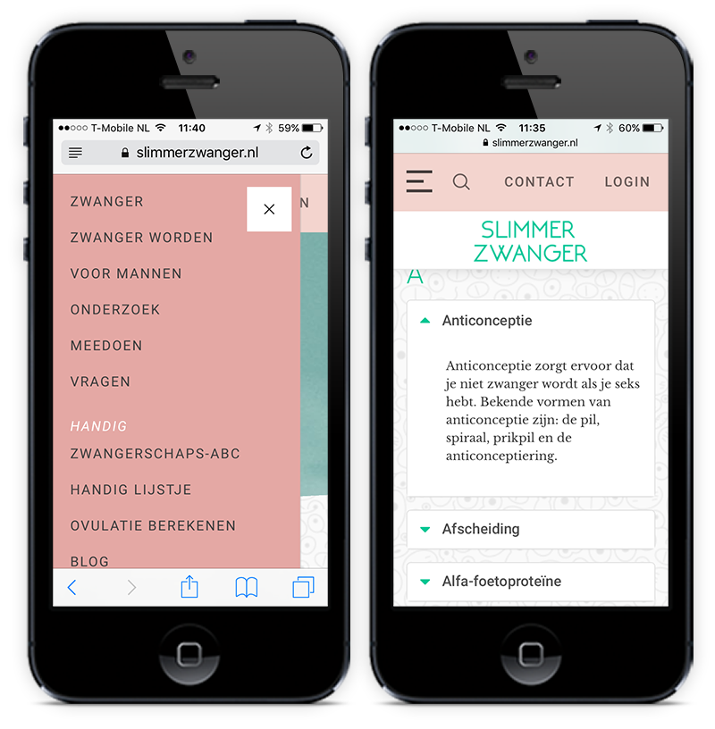 Slimmerzwanger (2017 design) website op mobiel device