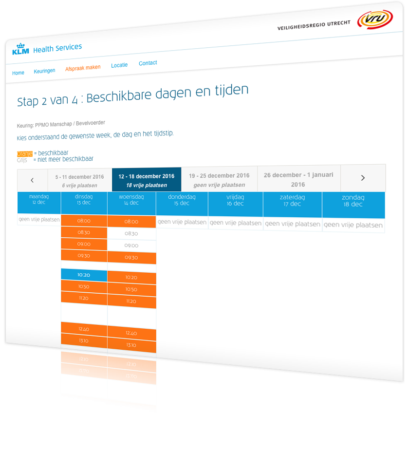 KLM Health Services portal VRU screenshot